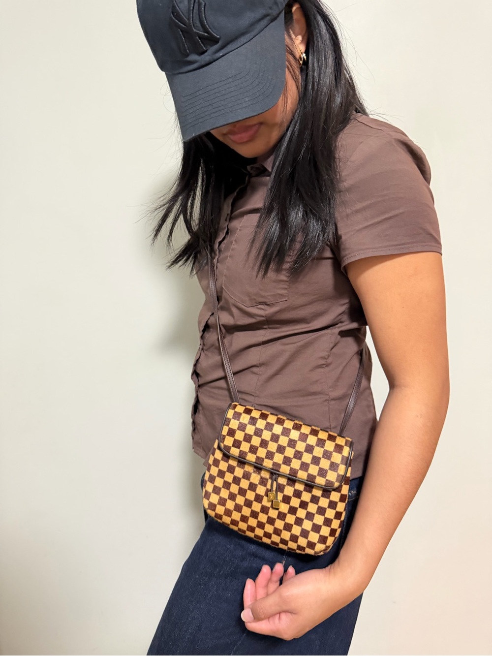 Louis Vuitton Brown Checkered Crossbody with Gold Accent
